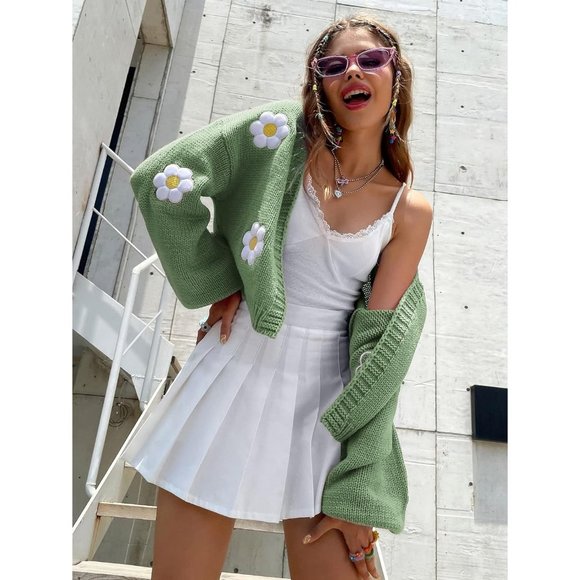 Womens Long Sleeve Open Front Flower Knit Cardigan Aesthetic Shrug Outfits - Picture 2 of 6